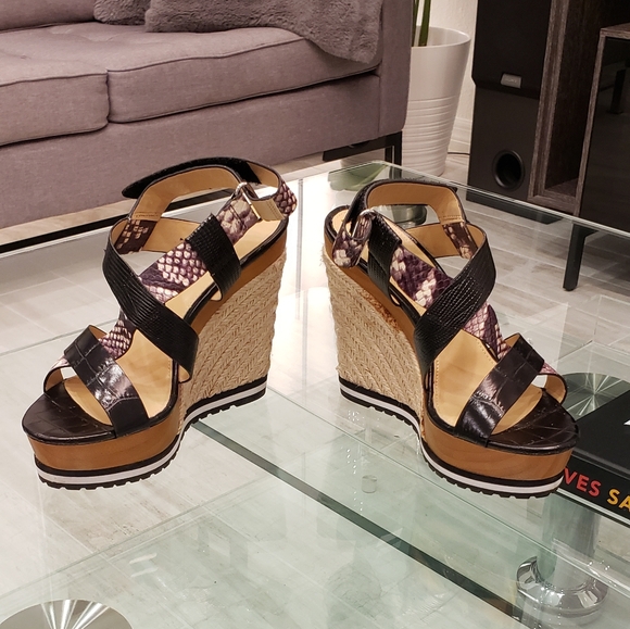 EUC - Michael Kors mixed media, snakeskin and croc leather wedge platform sandal - Picture 1 of 11